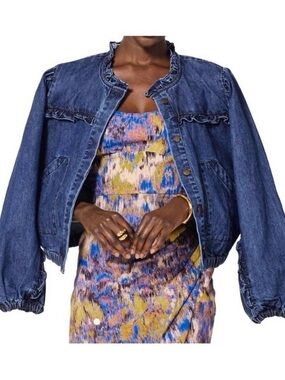 CLEOBELLA Paxton Denim Jacket Small Ruffle Boho Chic Minimalist EUC